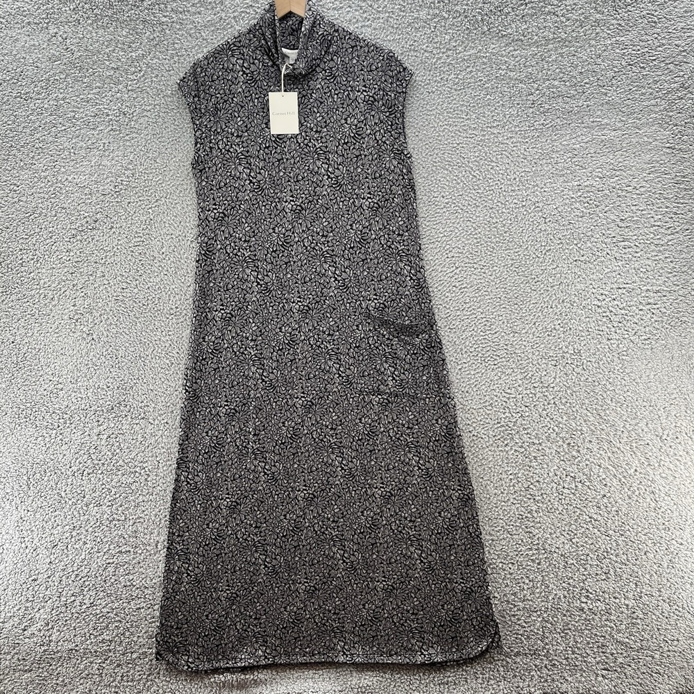 Garnet Hill Dress Medium Gray Print Swing Turtleneck Pocket Casual Knit Midi